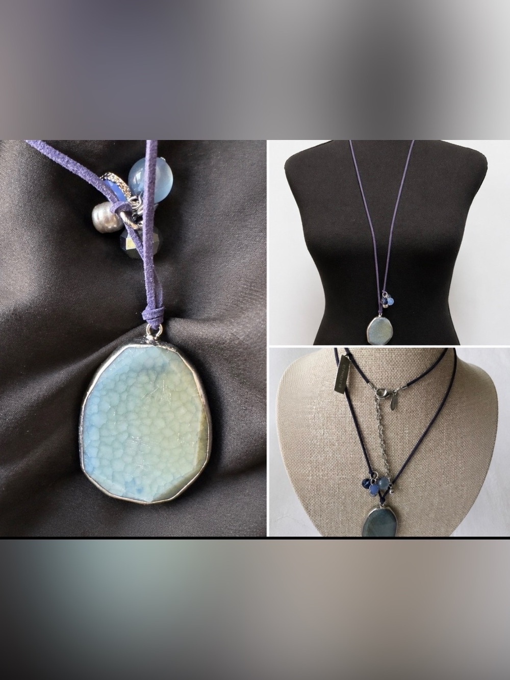Chicos Blue Green SilverTone & Green Stone Beaded Pendant 20" Drop Necklace NEW